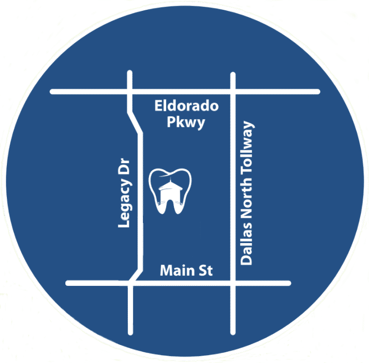 Map showing West Frisco Dental and Implants at 10050 Legacy Dr, Frisco TX